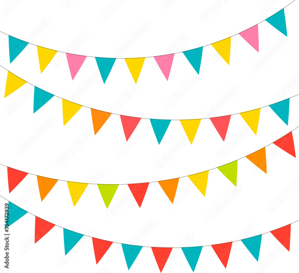 Fototapeta premium Triangular flag garland. Vector isolated illustration on white background. Bunting flag. Birthday und Party design