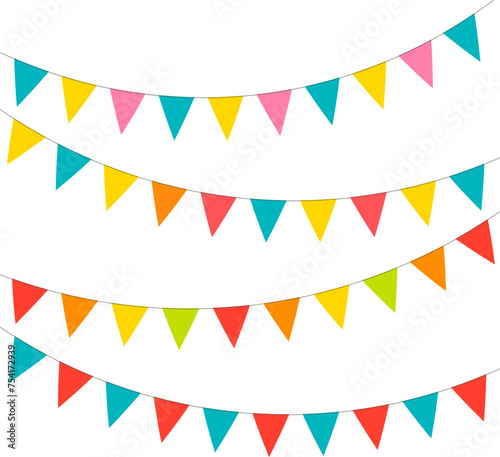 Triangular flag garland. Vector isolated illustration on white background. Bunting flag. Birthday und Party design