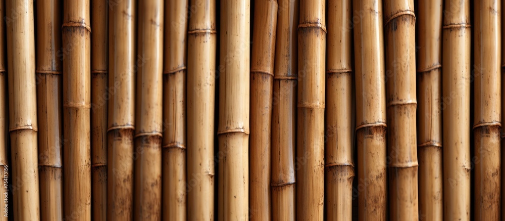 Fototapeta premium This close-up view showcases the intricate pattern and texture of a bamboo wall, highlighting the natural beauty of the material with its unique grain and fibers.