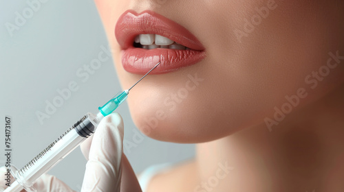 close-up, female lips. Surgeon, in medical gloves, carefully and slowly injects hyaluronic acid into woman's lips with a syringe. lip augmentation procedure. beauty injections. Plastic surgery.