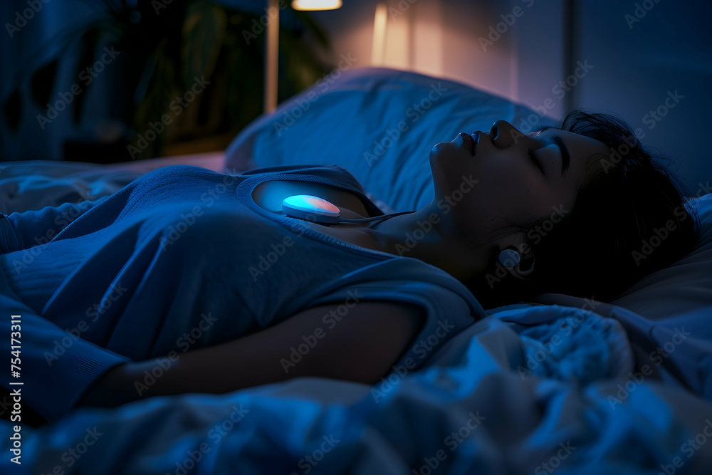A night scene where a patient is sleeping peacefully in bed, a heart monitoring device securely attached to their chest. A night scene where a patient is sleeping peacefully in bed, a heart monitoring device securely attached to their chest.