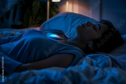 A night scene where a patient is sleeping peacefully in bed, a heart monitoring device securely attached to their chest.