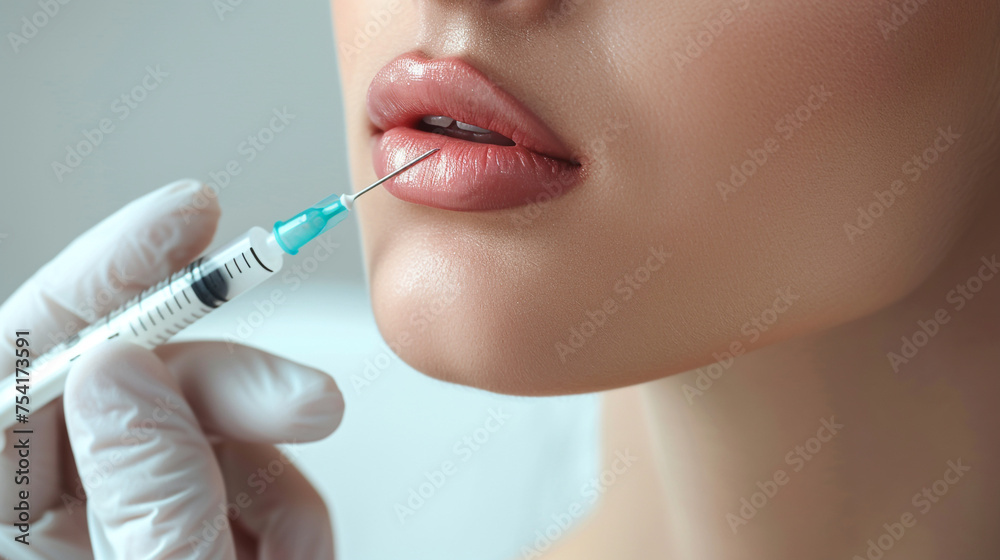 close-up, female lips. Surgeon, in medical gloves, carefully and slowly injects hyaluronic acid into woman's lips with a syringe. lip augmentation procedure. beauty injections. Plastic surgery. close-up, female lips. Surgeon, in medical gloves, carefully and slowly injects hyaluronic acid into woman's lips with a syringe. lip augmentation procedure. beauty injections. Plastic surgery.
