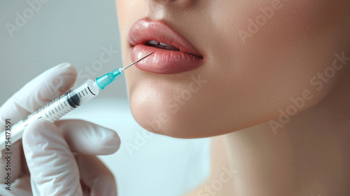 close-up, female lips. Surgeon, in medical gloves, carefully and slowly injects hyaluronic acid into woman's lips with a syringe. lip augmentation procedure. beauty injections. Plastic surgery.