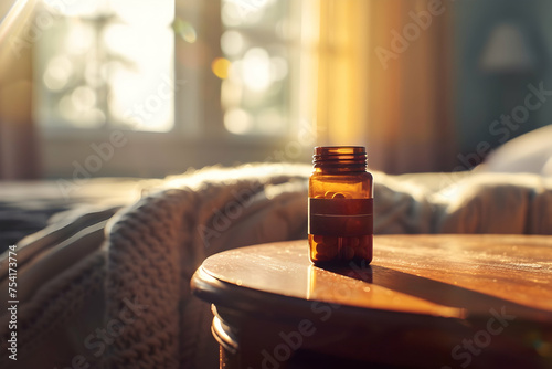 A small pill bottle of Antidepressants on a wooden bedside table, with soft morning light streaming through a nearby window medical.Depression pills. 