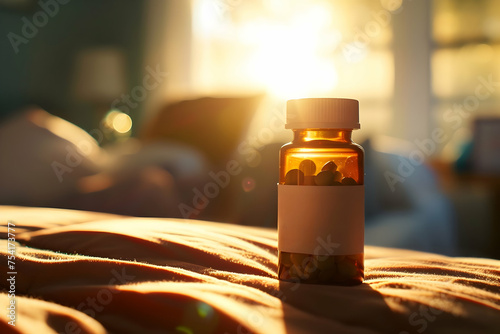 A small pill bottle of Antidepressants on a wooden bedside table, with soft morning light streaming through a nearby window medical.Depression pills.  photo
