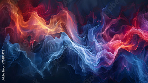 Abstract digital art piece visualizing heartbeat waves flowing dynamically across a canvas, with vibrant shades of red and blue background. 