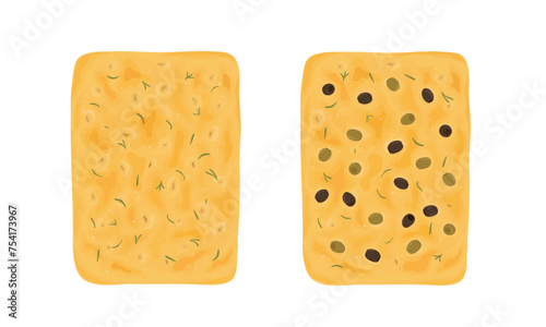 Focaccia with rosemary and olive. Hand drawn vector illustration. Top view.