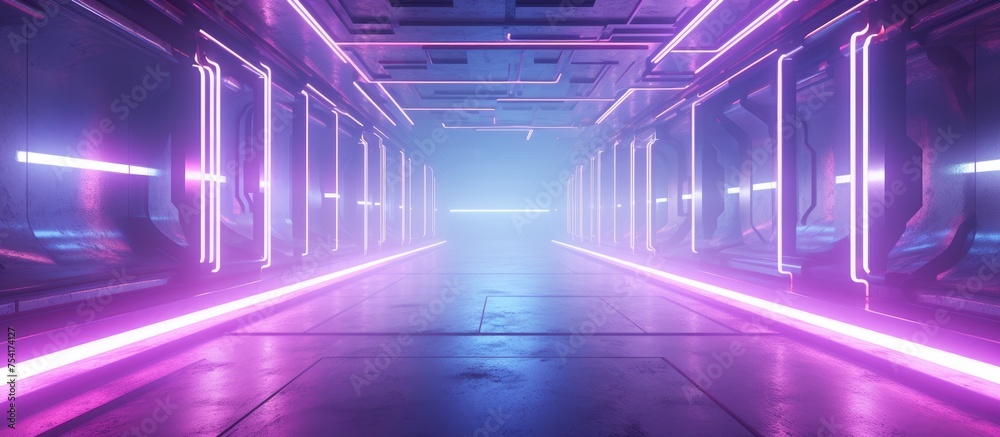 A long hallway filled with abstract concrete futuristic sci-fi interior design elements. The walls are lined with pink and violet glowing neon tubes, A long hallway filled with abstract concrete futuristic sci-fi interior design elements. The walls are lined with pink and violet glowing neon tubes,