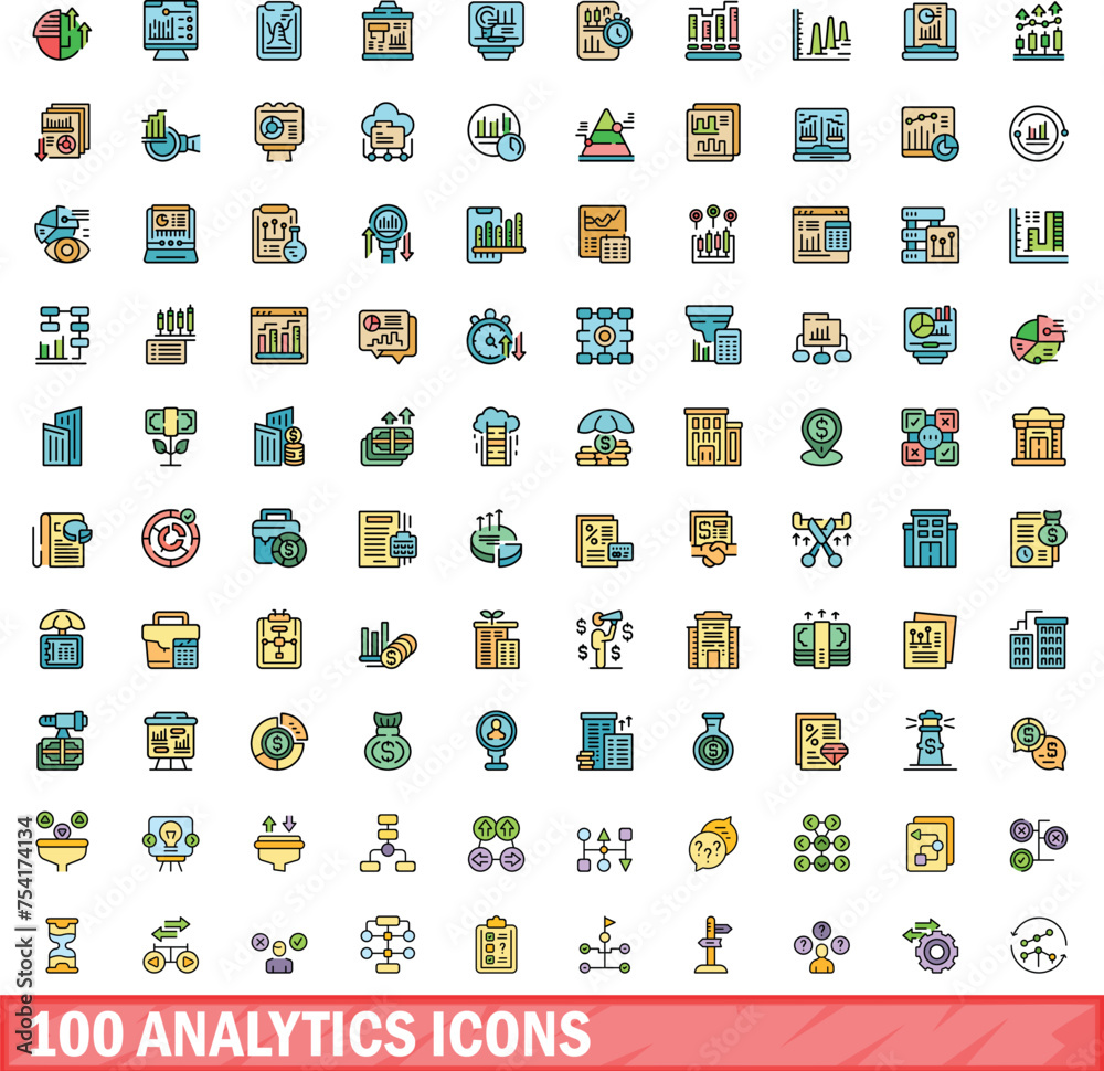 100 analytics icons set. Color line set of analytics vector icons thin line color flat on white 100 analytics icons set. Color line set of analytics vector icons thin line color flat on white