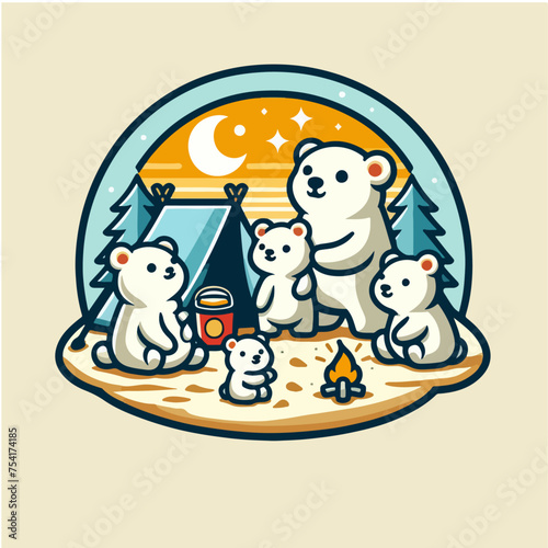 cute family white polar bear camping in the forest-vector illustration summer holiday adventure- tent, campfire, tent,moon