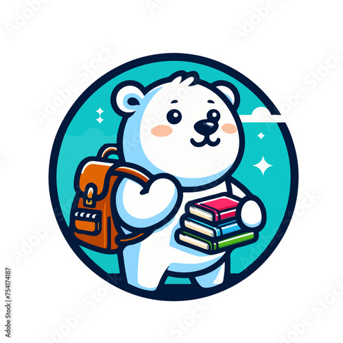logo white polar bear with schoolbag and books isolated on white background