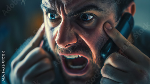 Angry man yelling into phone intensely. © RISHAD