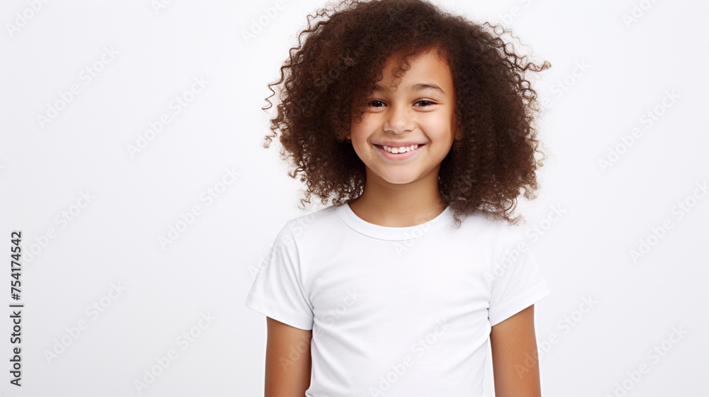Smiling teenage girl in a white T-shirt on a white background mockup. Childhood lifestyle concept. Mockup copy space. African girl model