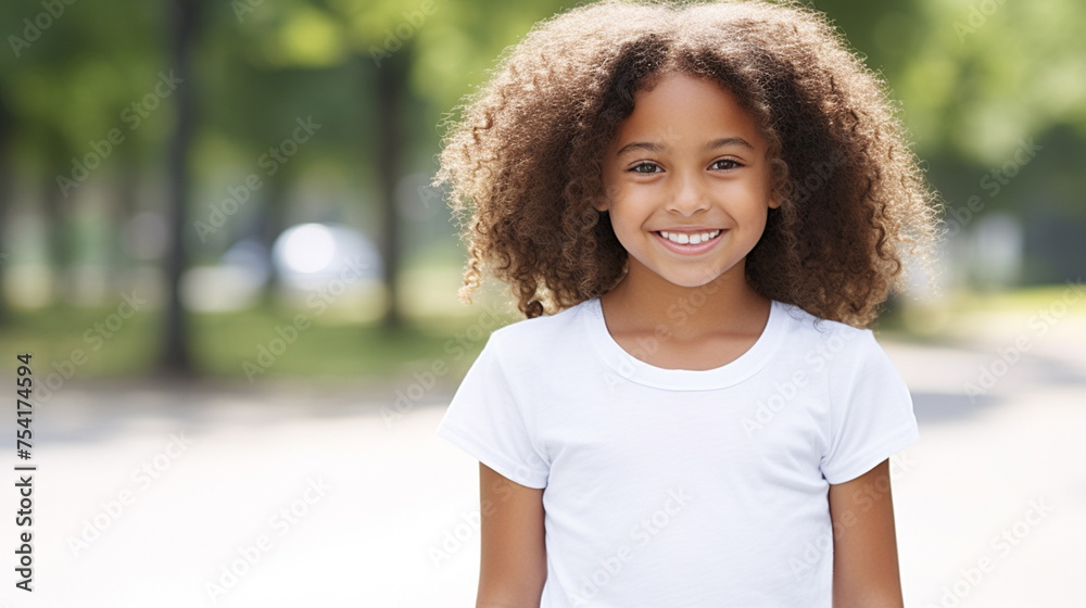 Smiling teenage girl in a white T-shirt on a white background mockup. Childhood lifestyle concept. Mockup copy space. African girl model Smiling teenage girl in a white T-shirt on a white background mockup. Childhood lifestyle concept. Mockup copy space. African girl model