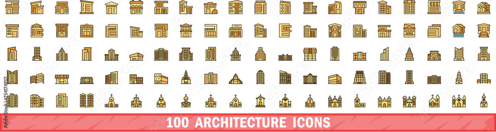 100 architecture icons set. Color line set of architecture vector icons thin line color flat on white
