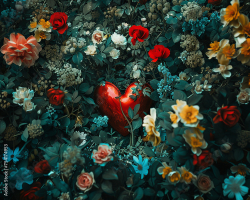 Capturing love red heart amidst flowers