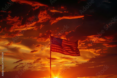 Flag of United States of America (USA) at sunset background.