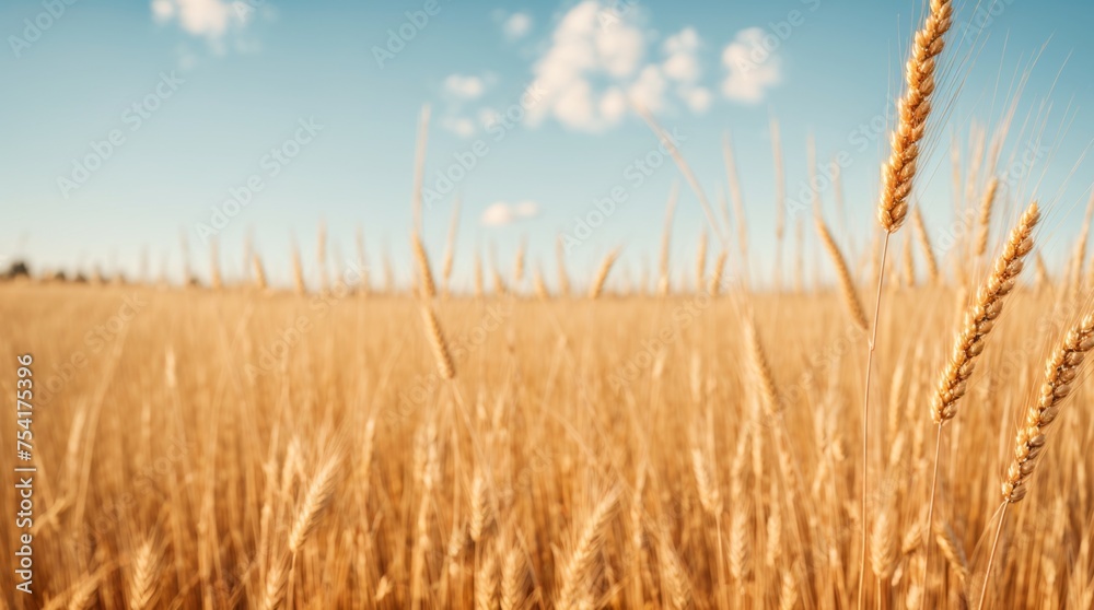 Fototapeta premium Golden wheat stalks waving beneath a clear blue sky 