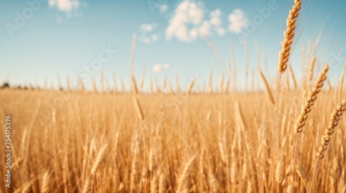 Golden wheat stalks waving beneath a clear blue sky 