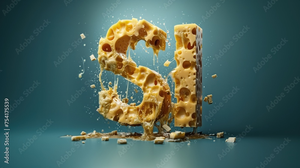 Sí al queso La palabra SÍ ensamblada a partir de queso. El queso está doblado en la figura de la inscripción sí. El queso realmente quiere gustarte y decirte sí. Signos positivos del queso. - obrazy, fototapety, plakaty 