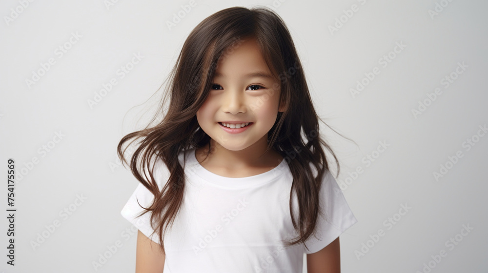 Smiling teenage girl in a white T-shirt on a white background mockup. Childhood lifestyle concept. Mockup copy space. Asian girl model Smiling teenage girl in a white T-shirt on a white background mockup. Childhood lifestyle concept. Mockup copy space. Asian girl model