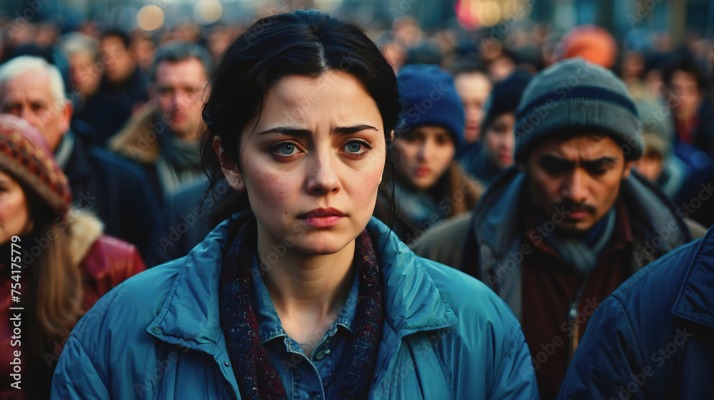 portrait of beautiful sad depressed looking woman with black hair blue eyes surrounded by crowd of people in the street portrait of beautiful sad depressed looking woman with black hair blue eyes surrounded by crowd of people in the street