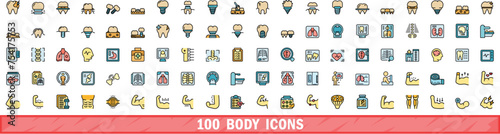 100 body icons set. Color line set of body vector icons thin line color flat on white