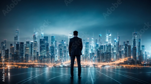 Guy standing in front of digital cityscape with blueprints overlay at night
