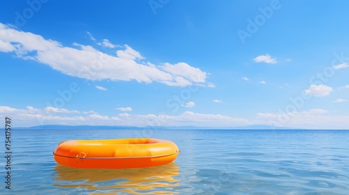 青い空と水に浮かぶボート、余白・コピースペースのある背景