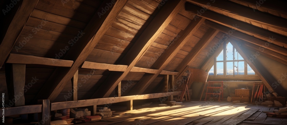 An attic with a wooden floor and a window that allows natural light to seep into the room.