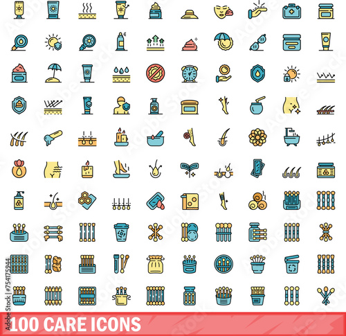 100 care icons set. Color line set of care vector icons thin line color flat on white
