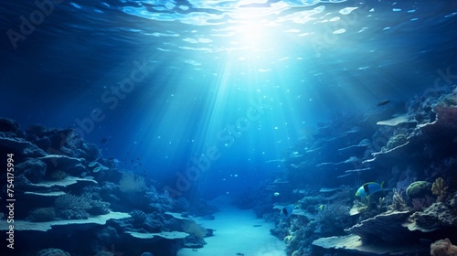 水中に差す太陽の光、余白・コピースペースのある背景 © tota