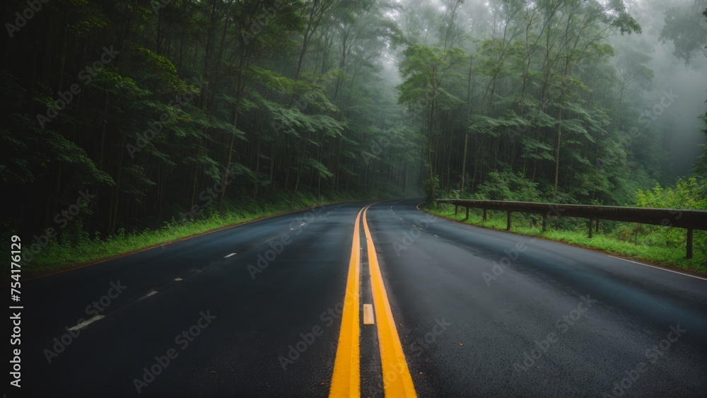 Fototapeta premium Hazy way winding through a dense green forest 