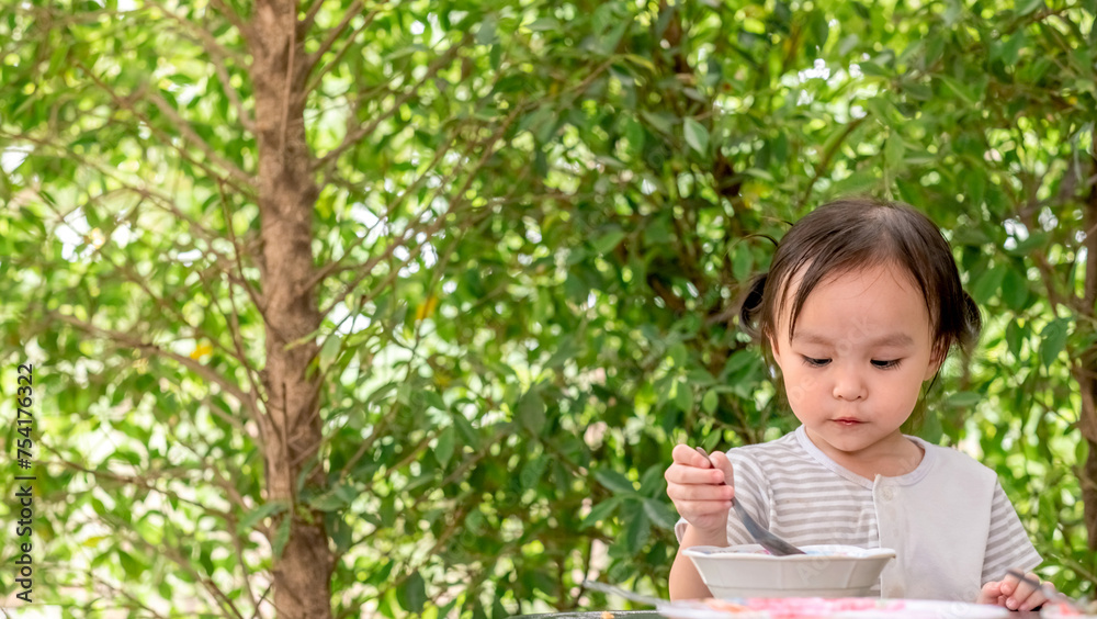 Cute asian kid girl eating Fried rice with egg by self. Copy space. Learning Concept . Cute asian kid girl eating Fried rice with egg by self. Copy space. Learning Concept .