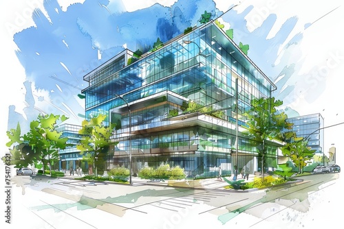 Artistic architectural rendering of a modern eco friendly building