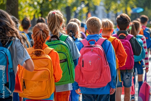 Group of Diverse Elementary School Kids with Backpacks Walking on Sunny Day