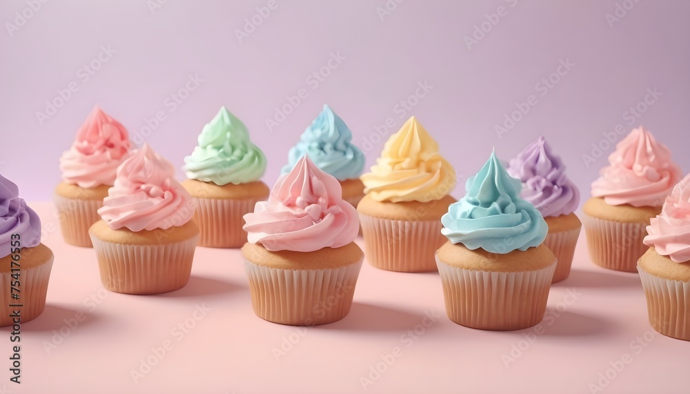 Aerial view of a multitude of colorful cupcakes on pastel colorful background