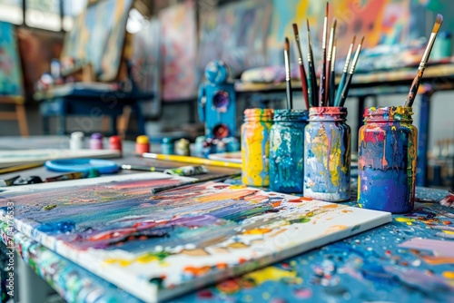 Colorful Art Studio Interior with Paintbrushes, Paints, and Canvas Creating Vibrant Atmosphere of Creativity