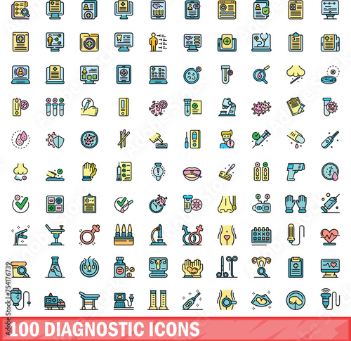 100 diagnostic icons set. Color line set of diagnostic vector icons thin line color flat on white