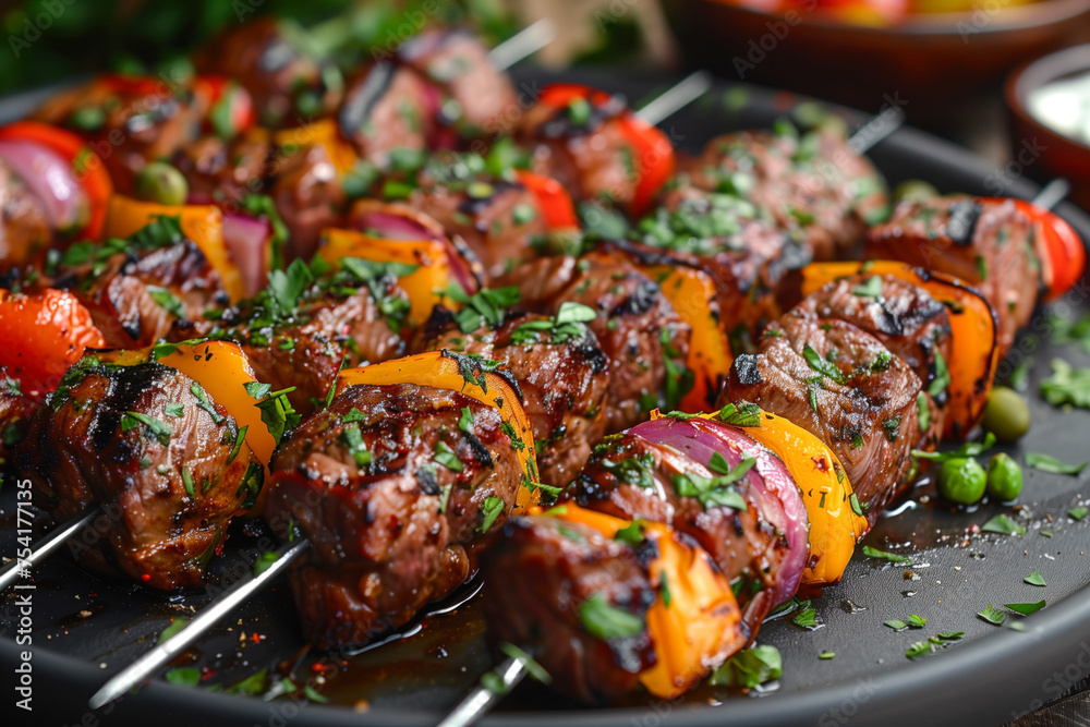 Lamb shish kebabs accompanied by skewered grilled vegetables Lamb shish kebabs accompanied by skewered grilled vegetables