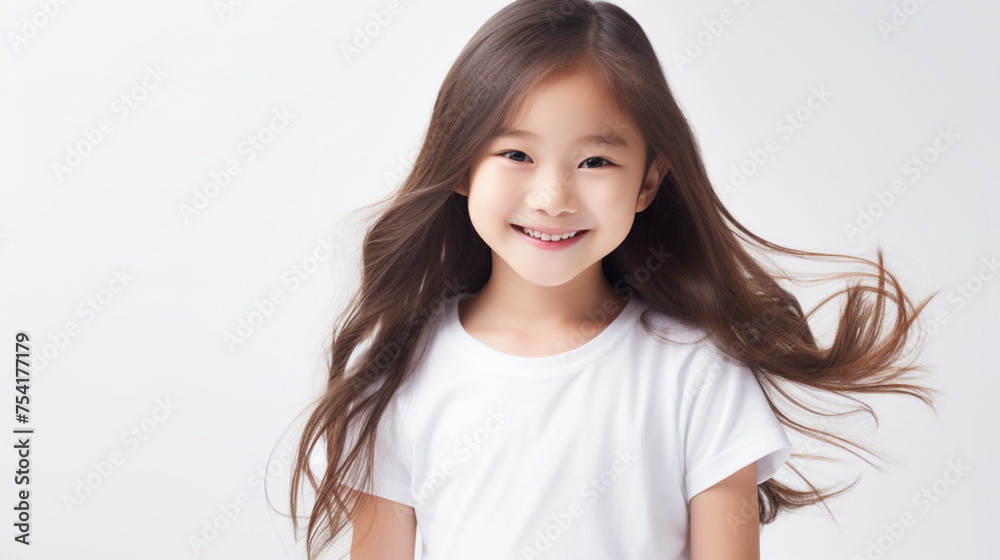 Smiling teenage girl in a white T-shirt on a white background mockup. Childhood lifestyle concept. Mockup copy space. Asian girl model