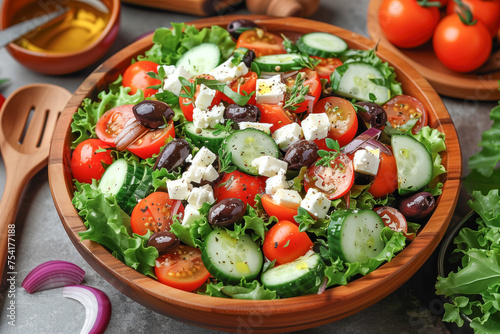 Greek salad in wooden bowl