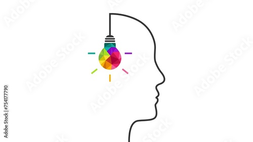 Colorful light bulb with head silhouette as creative idea and thinking concept. Self-drawing face and profile outline made of wire line, colourful lightbulb appearing as brain and mind symbol.