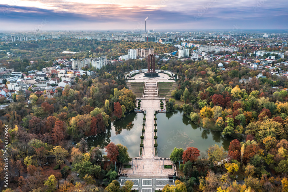 Aerial view with Carol Park, famous landmark in Bucharest Romania