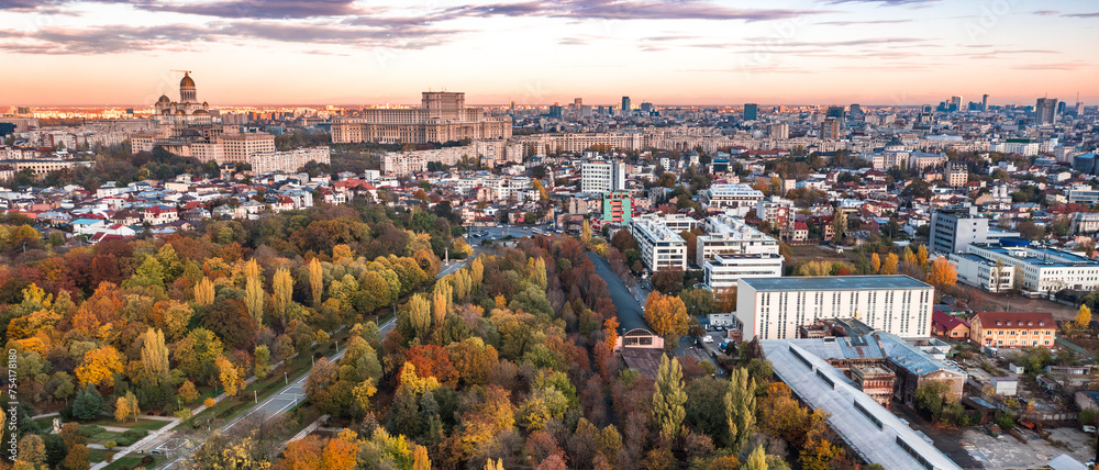 Aerial view with Palace of Parliament and the Cathedral in Bucharest Romania with autumn colors