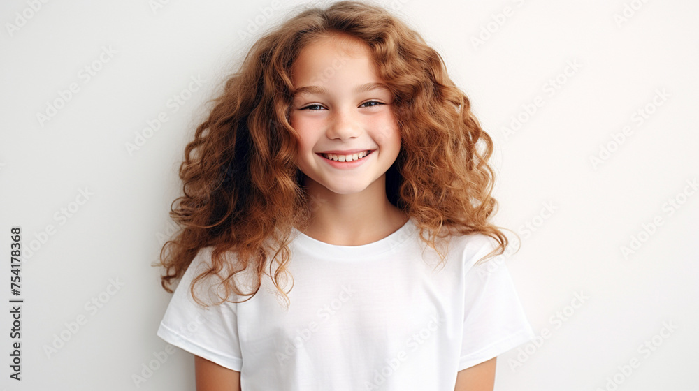 Smiling teenage girl in a white T-shirt on a white background mockup. Childhood lifestyle concept. Mockup copy space