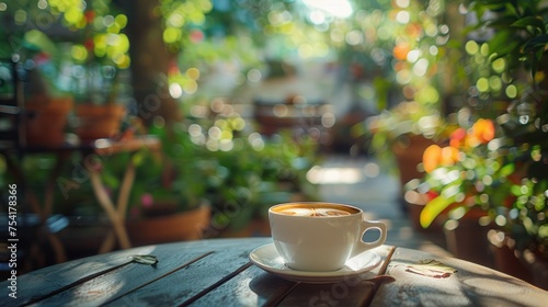 A cup of coffee on a table overlooking the garden at a cafe Seamless looping time-lapse 4k animation video background #754178366