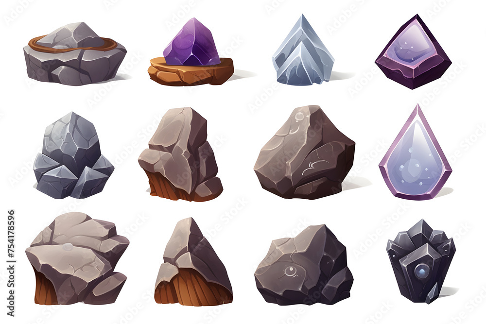 Naklejka premium Set of Fantasy stone game elements design isolated on white