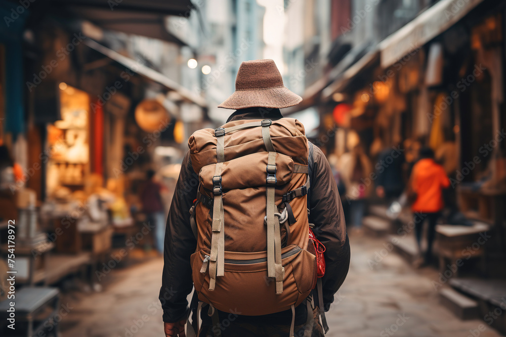 A male tourist with a backpack walks through a bustling urban market illuminated by warm lights at during his journey